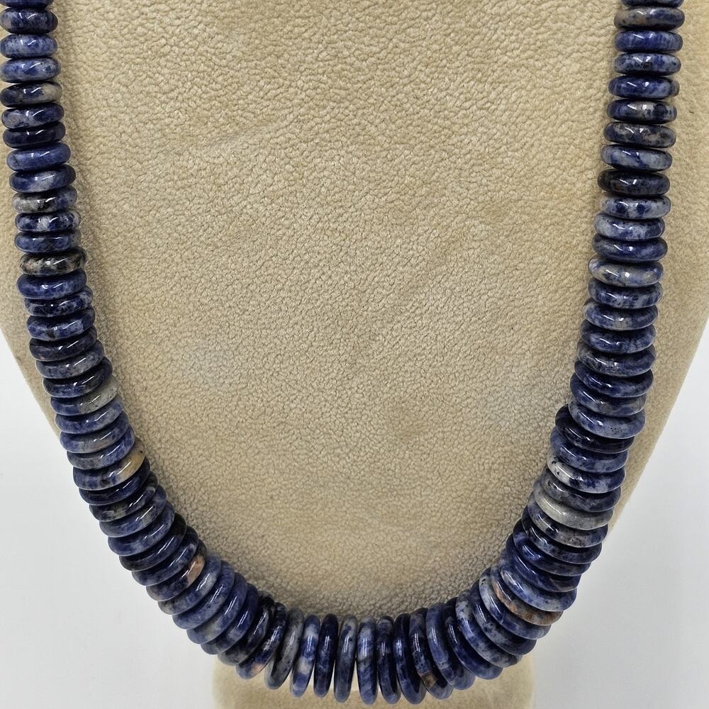 Sterling Silver 925 Blue Sodalite Graduated Disc Bead Necklace Adjustable FAS